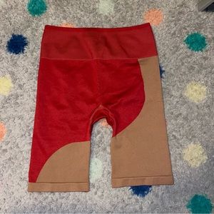 Fabletics Red and Tan Colorblock High-Rise Bike Shorts